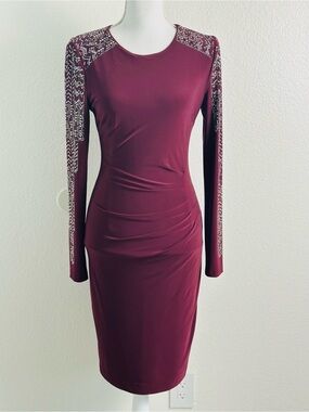 Vintage Cache Burgundy  Ruched Sheath Dress with Embellished Sleeves Size 2